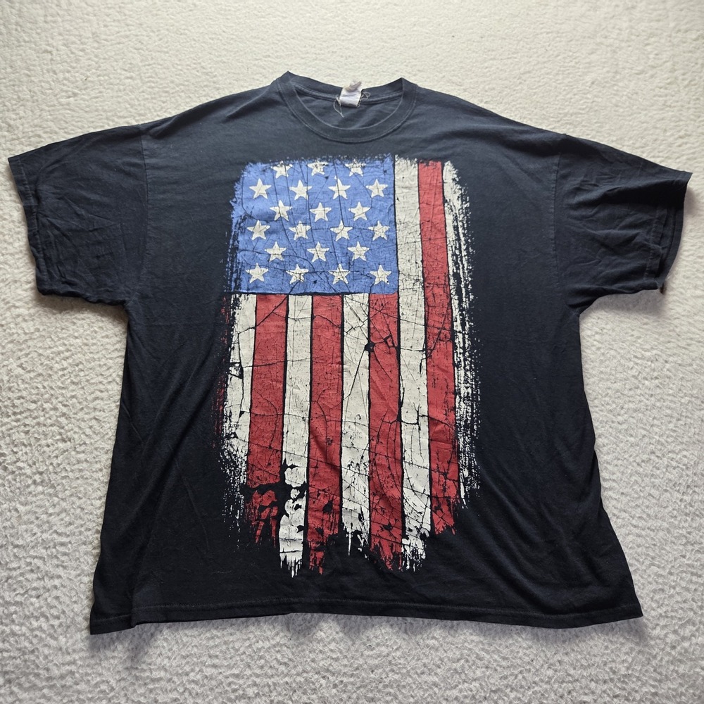 Gildan Shirt Mens 2XL Black Distressed USA Flag Patriotic Graphic Tee Cotton